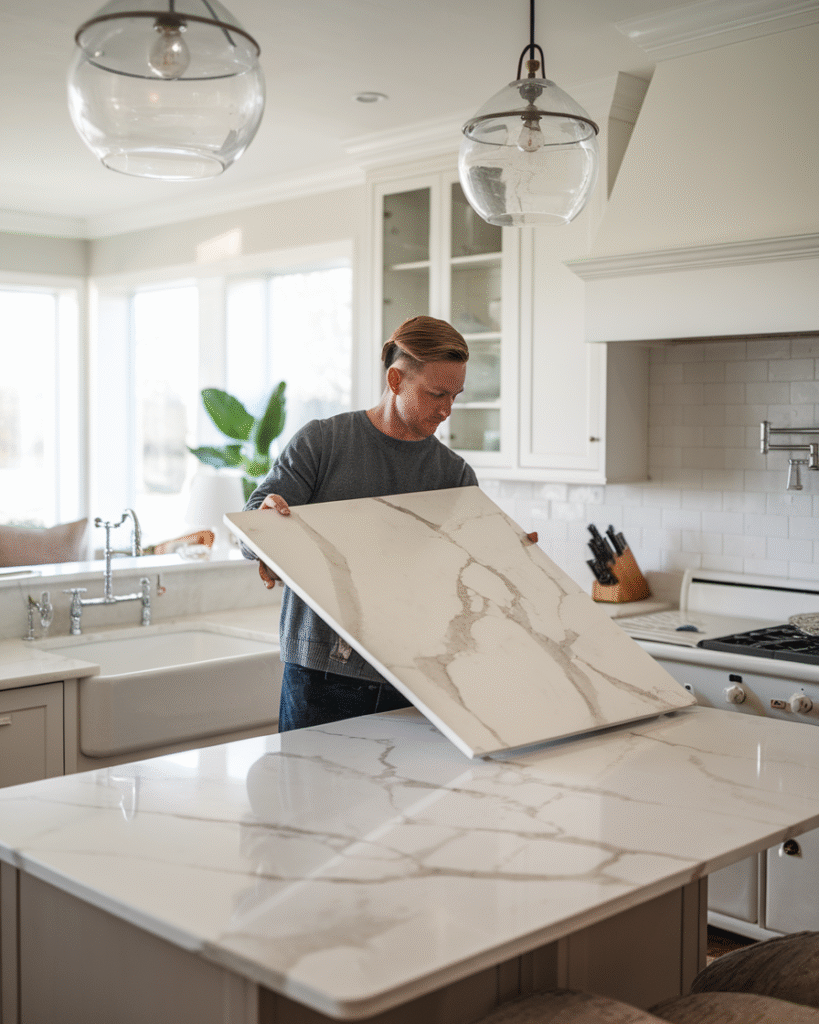 Designer installing Calacatta Viola marble island