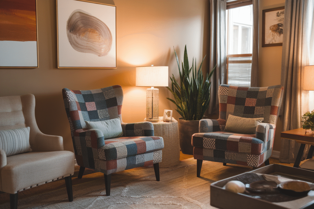 2025 living room featuring patchwork and textured homewares