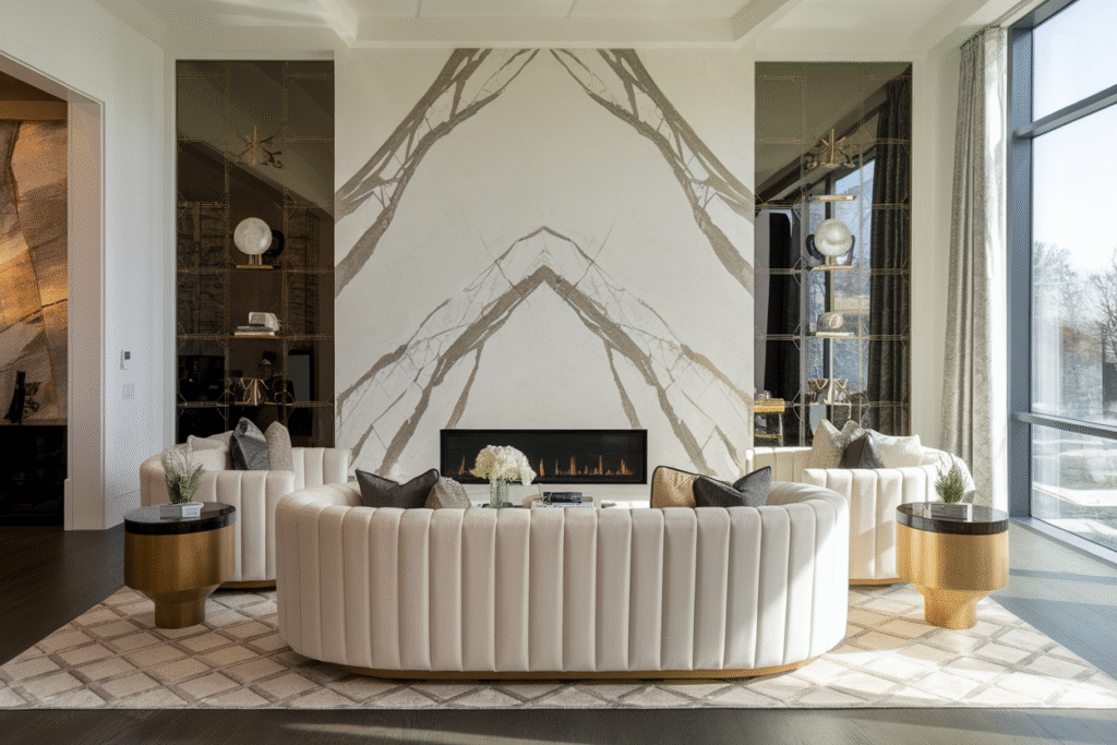 Luxury living room with Calacatta Viola marble fireplace