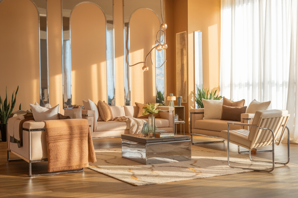Modern living room with chrome accents and warm textures