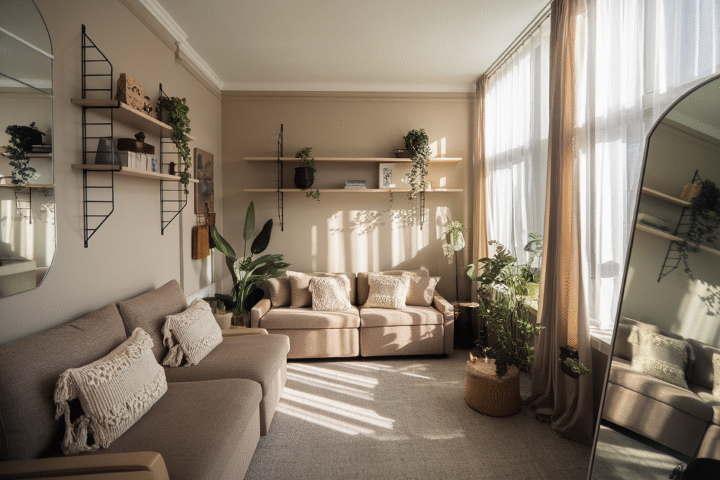 Small apartment living room decorated with neutral tones and smart space-saving furniture
