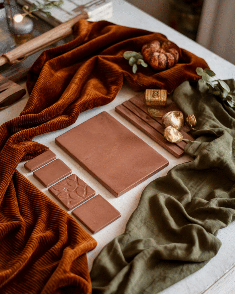 fall-home-decor-color-trends-2025-elements Flatlay of trending fall home decor materials 2025