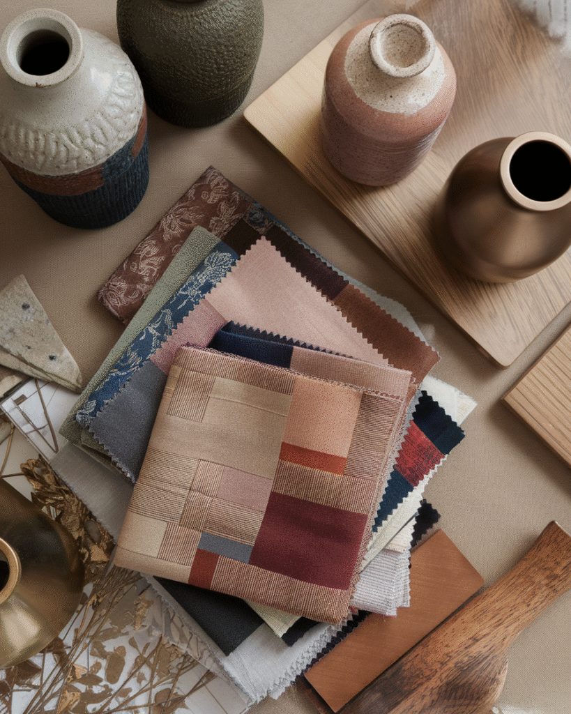 patchwork-texture-decor-materials Flatlay of patchwork fabrics and textured decor materials