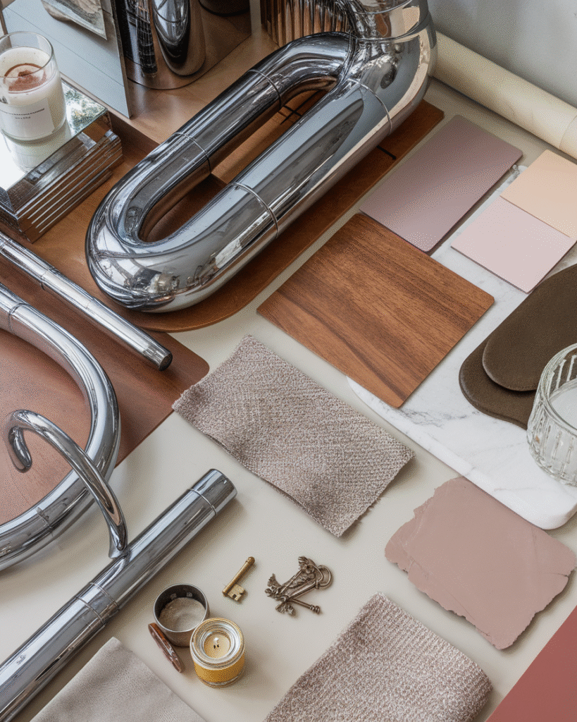 chrome-decor-materials-flatlay Flatlay of chrome decor elements with warm textures