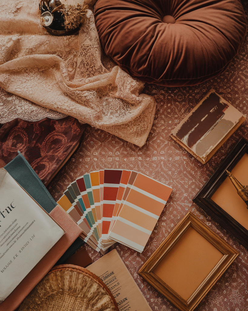 Nostalgia decor textures and materials flatlay.