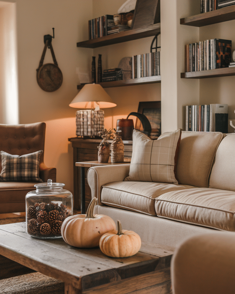 Rustic fall living room with plaid pillows and pumpkins