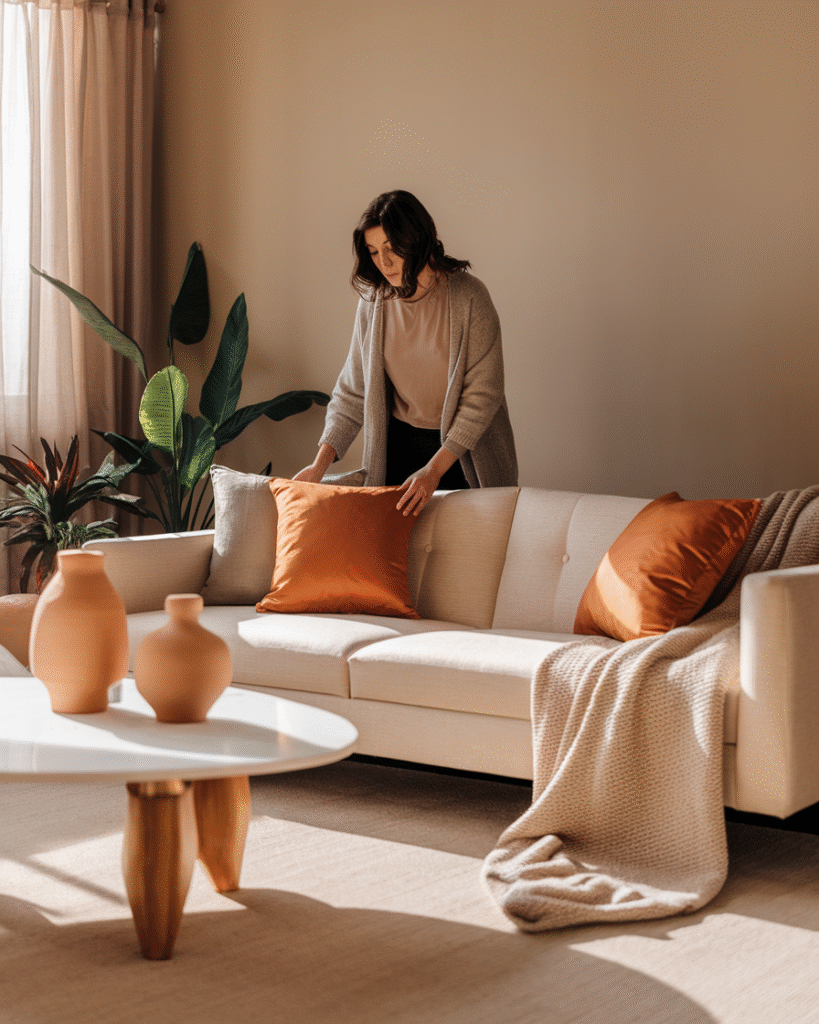fall-home-decor-color-trends-2025-styling Interior stylist decorating with fall 2025 colors
