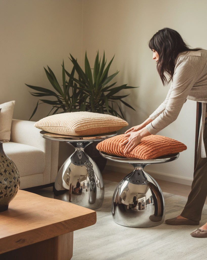 decorating-with-chrome-process Interior stylist arranging chrome and warm accents