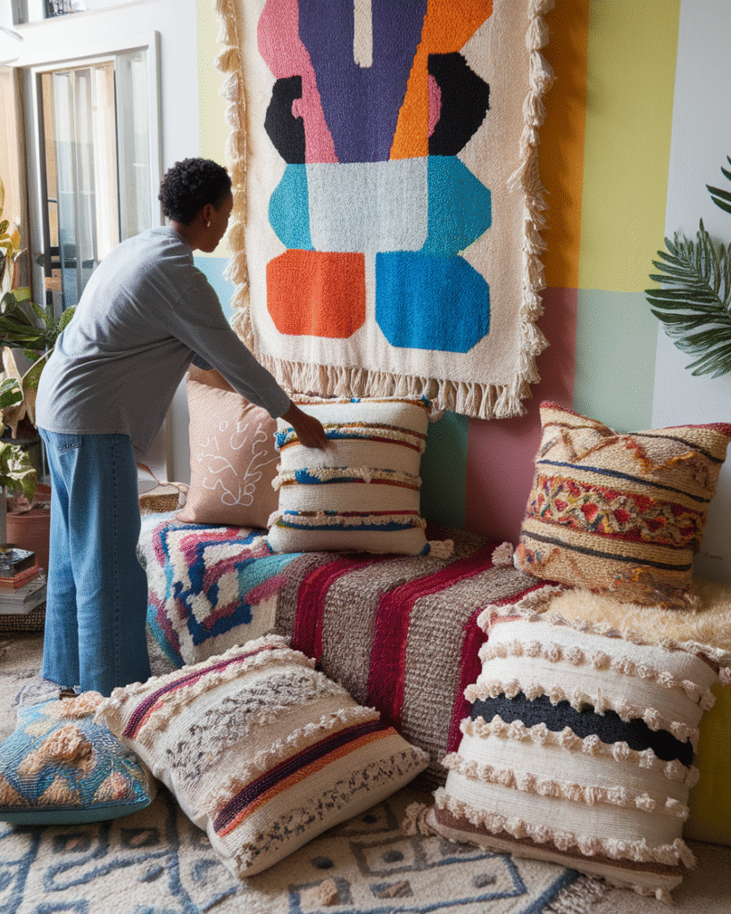 styling-dopamine-decor.jpg Person styling a dopamine decor living room with colorful accents