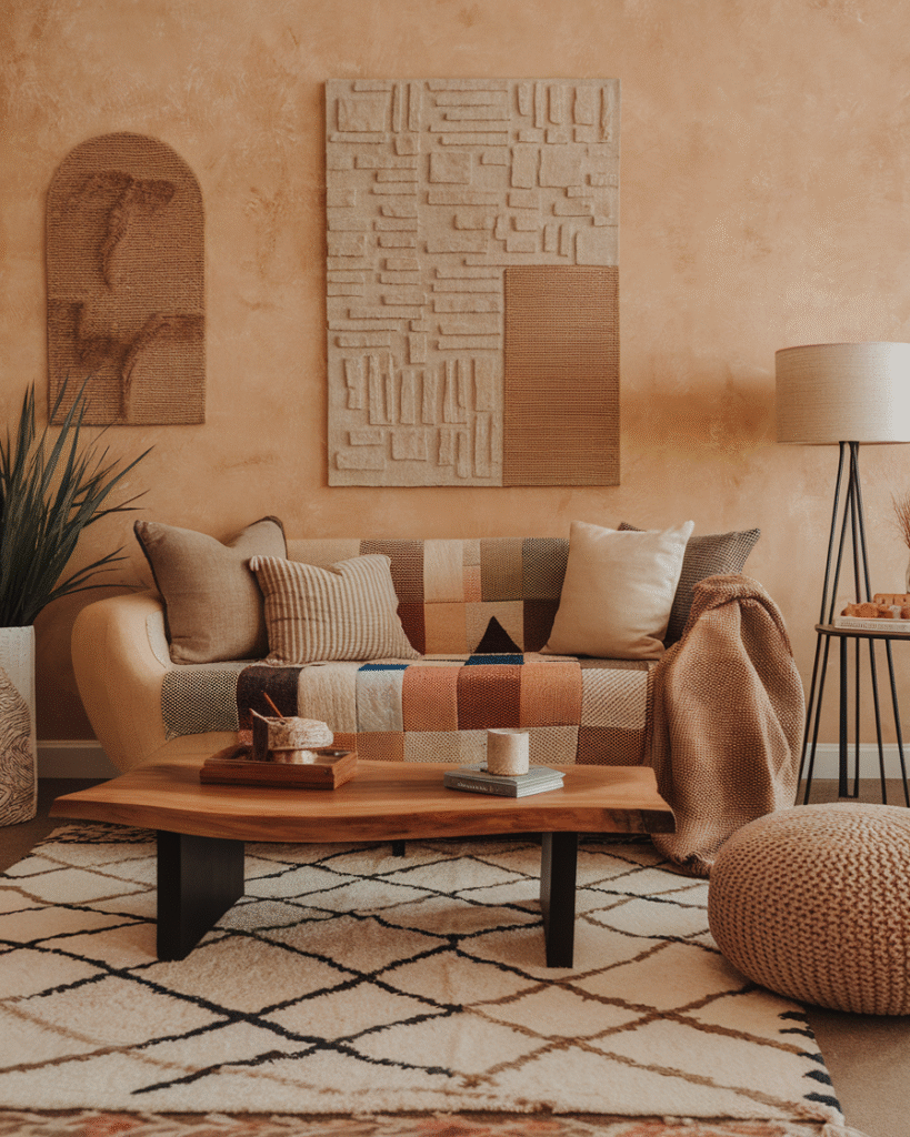 finished-patchwork-texture-room Styled living room with patchwork and textured homewares