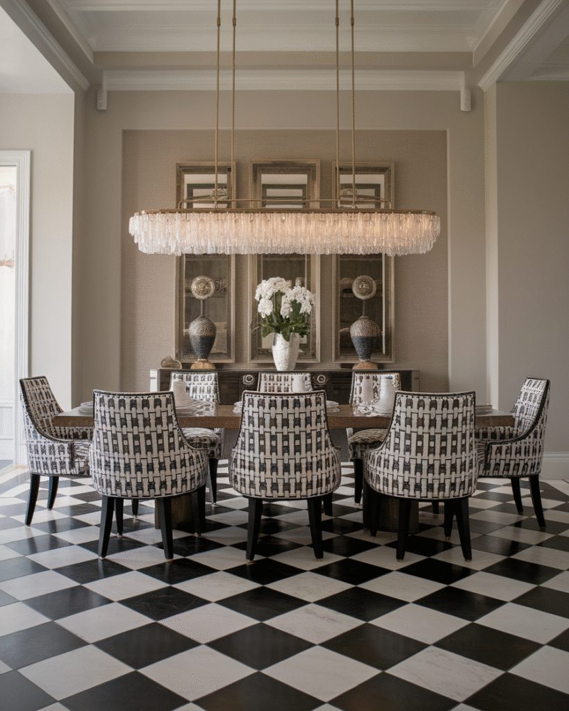 checkerboard-dining-room-2025 Finished dining room featuring checkerboard flooring and modern accents