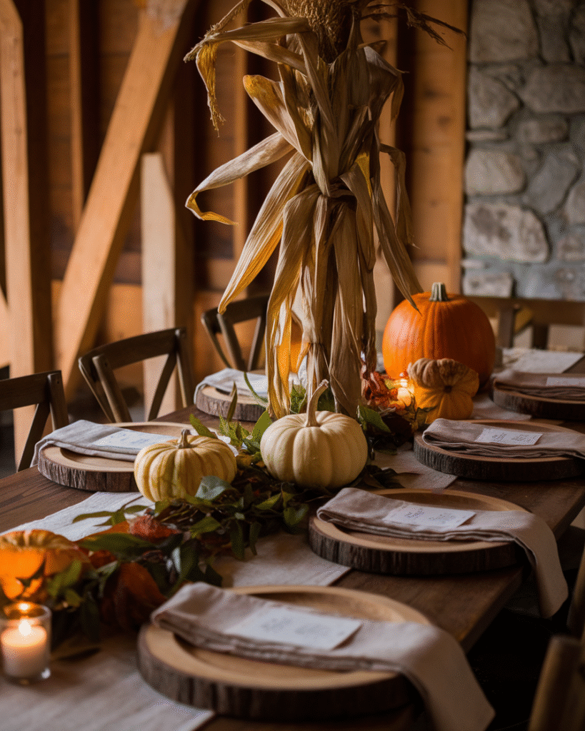 Rustic dining table decorated with pumpkins and leaves