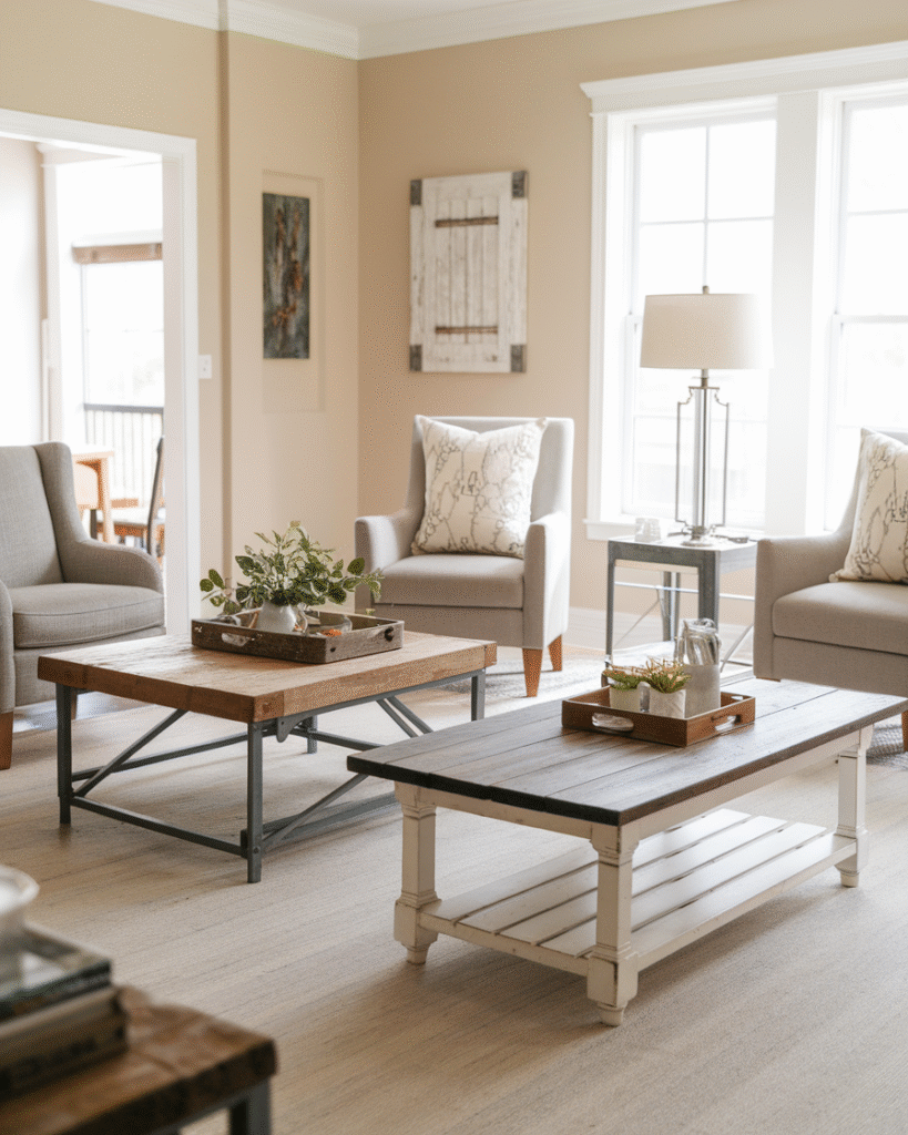 Various DIY farmhouse coffee table designs in a cozy room