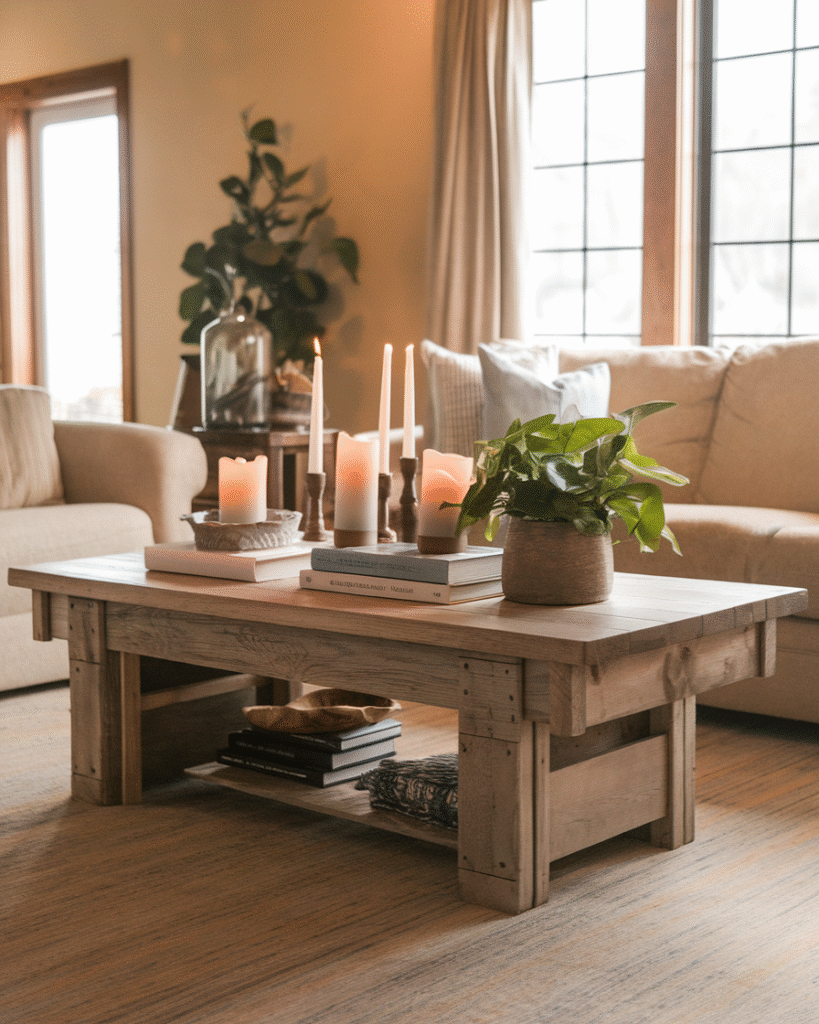 Styled DIY farmhouse coffee table with decor accessories