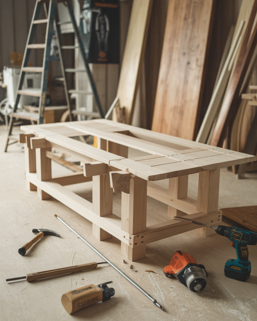 DIY farmhouse coffee table under construction with tools