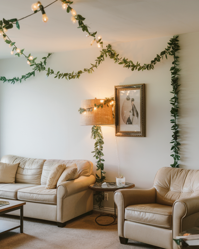 a-photo-of-a-rental-living-room-with-par_OMbxI40oTxu6icVfmhqQvQ_-ulCKGnGRwy-UeHBCN2GJw party decorations in a rental apartment using damage-free methods and lights