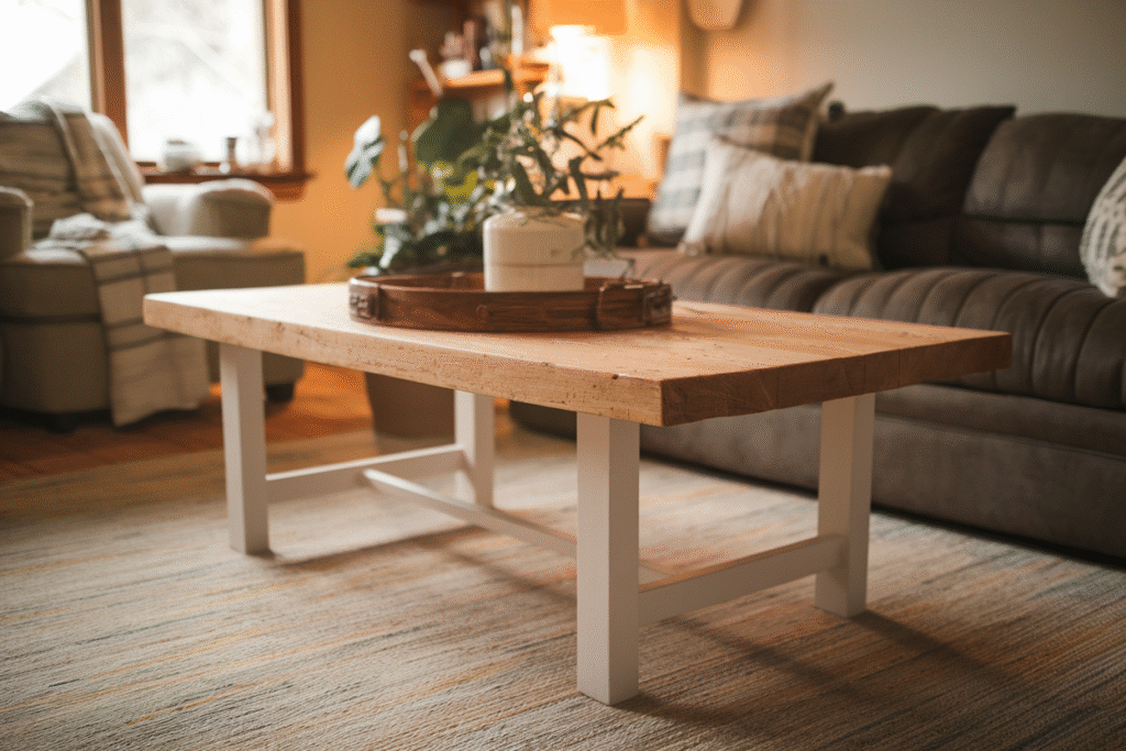 DIY farmhouse coffee table with rustic wood and white legs