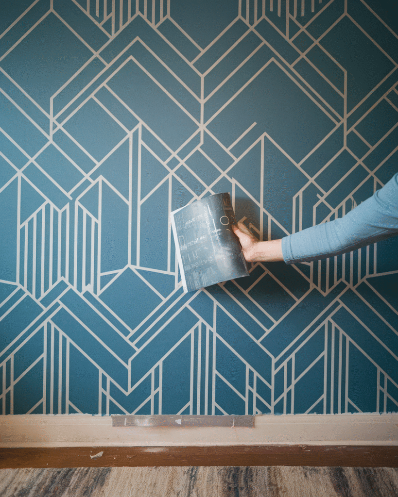 a-photo-of-diy-removable-wallpaper-being_Cwf4y9SLTX6DHSwQwElTVg_JRDPgT8zQMmL5BVCS4QRKA applying renter-friendly removable wallpaper and wall panels in an apartment
